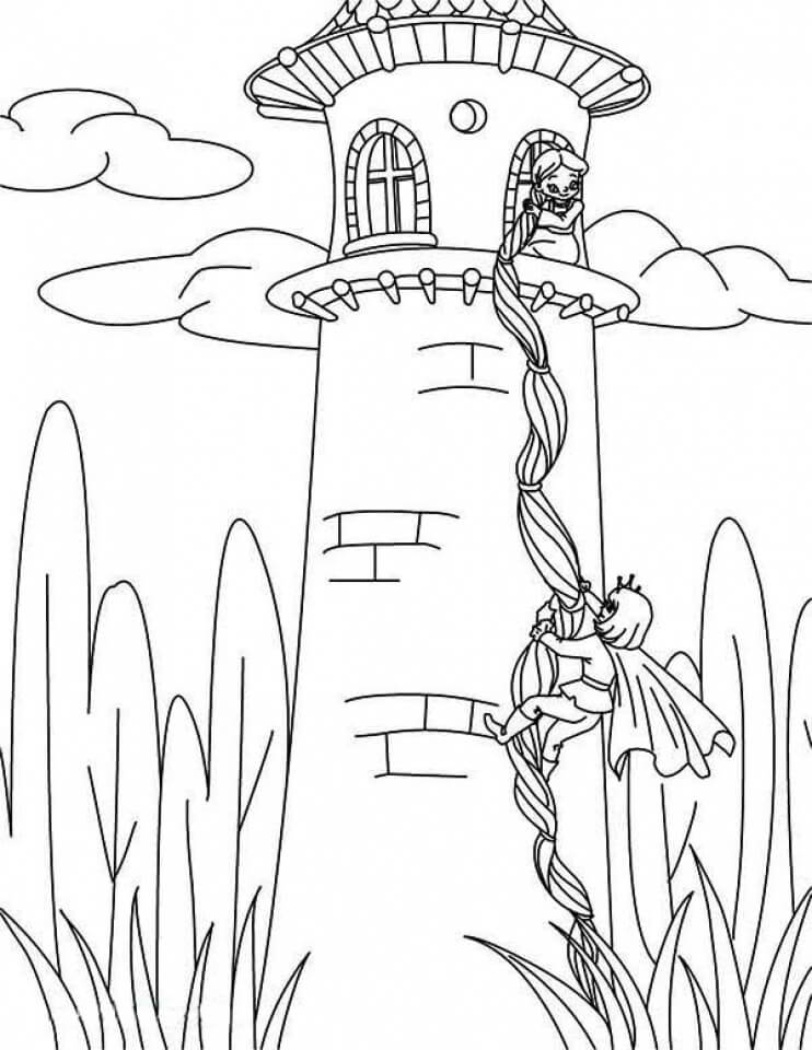 Príncipe sobe ao Castelo com o Cabelo de Rapunzel para colorir
