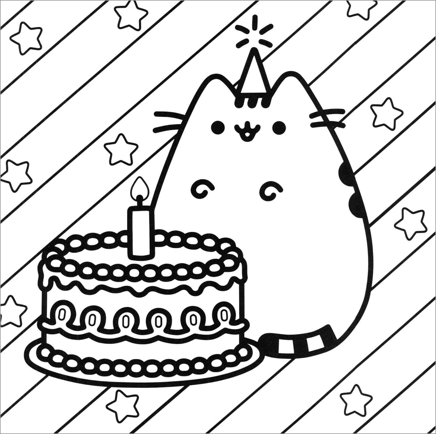 Desenhos de Pusheen com bolo de Aniversário para colorir