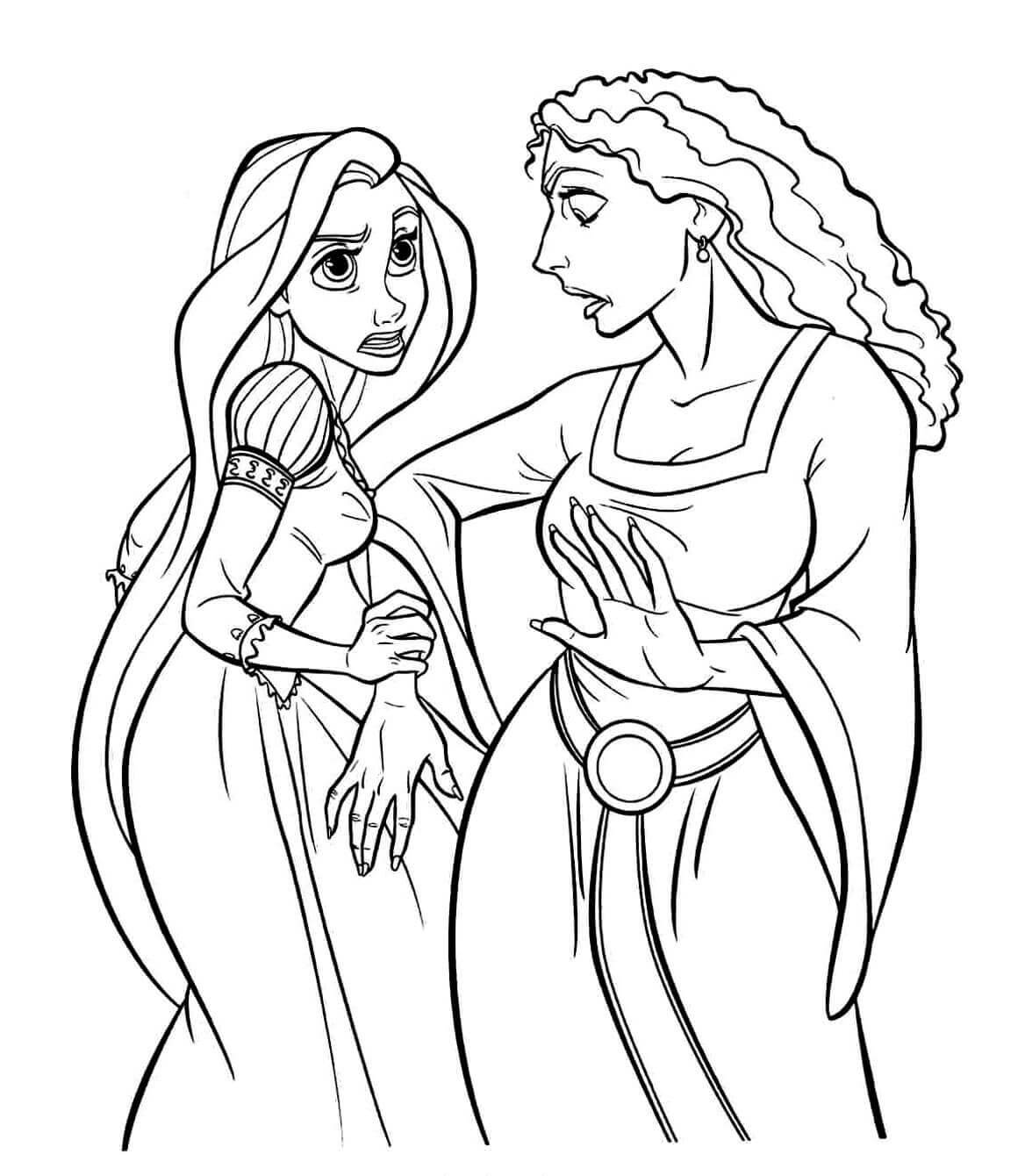 Desenhos de Rapunzel com Raiva e Bruxa para colorir