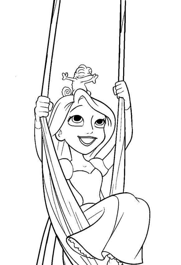Desenhos de Rapunzel e Pascal brincam de Balanço com o Cabelo Dela para colorir