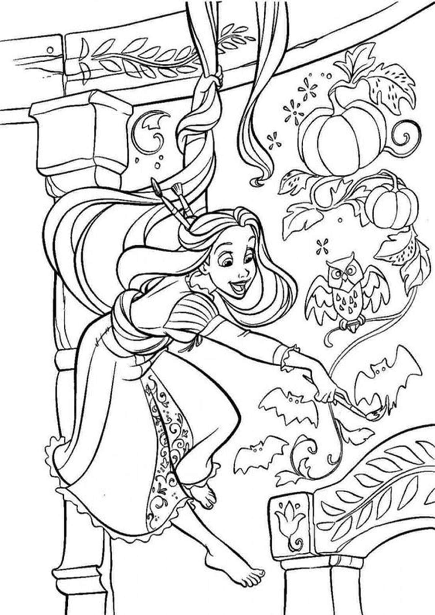 Desenhos de Rapunzel pintando no Halloween para colorir