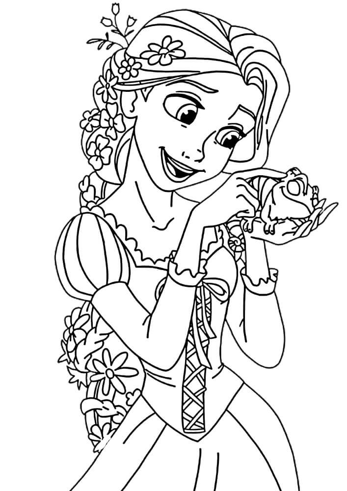 Desenhos de Rapunzel segurando o Sapo para colorir