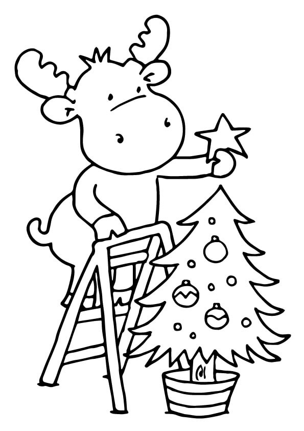 Desenhos de Rena Pendura uma Estrela na Árvore de Natal para colorir