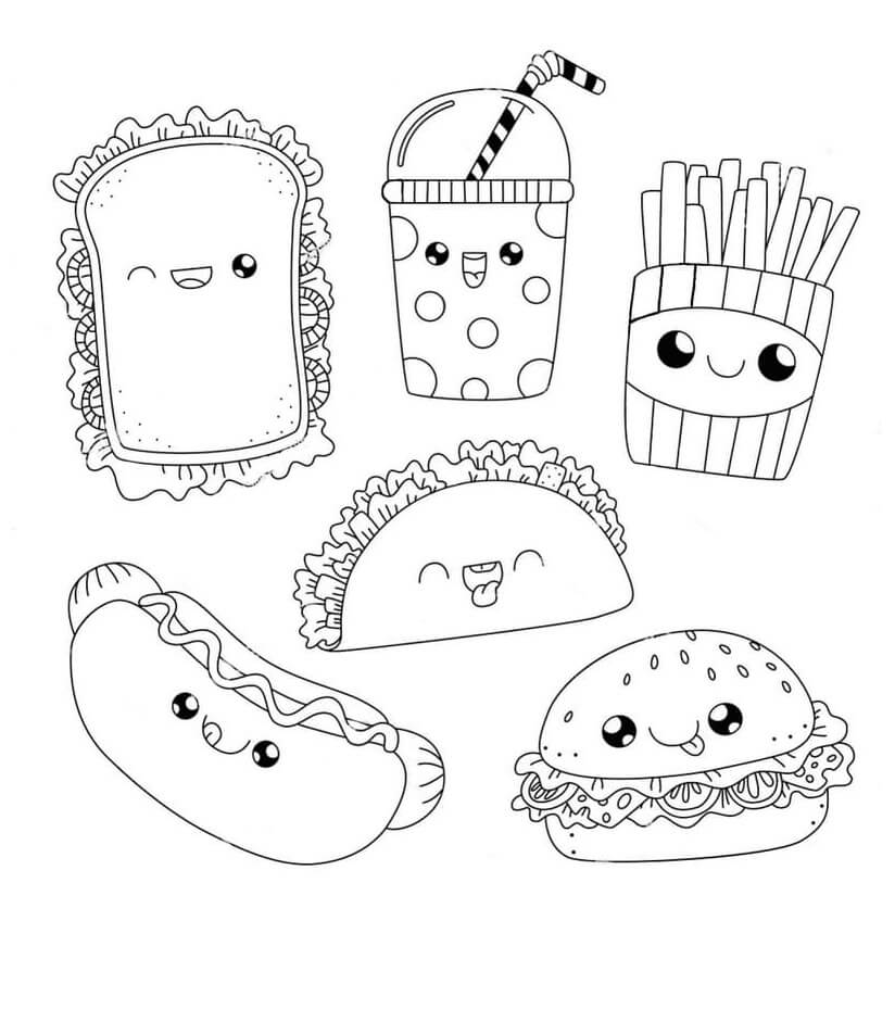 Desenhos de Seis Alimentos Kawaii para colorir