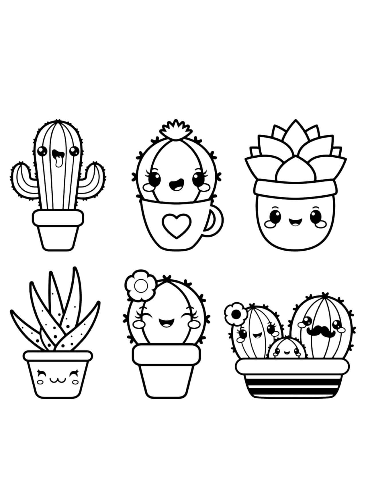 Desenhos de Seis Cactos Kawaii para colorir