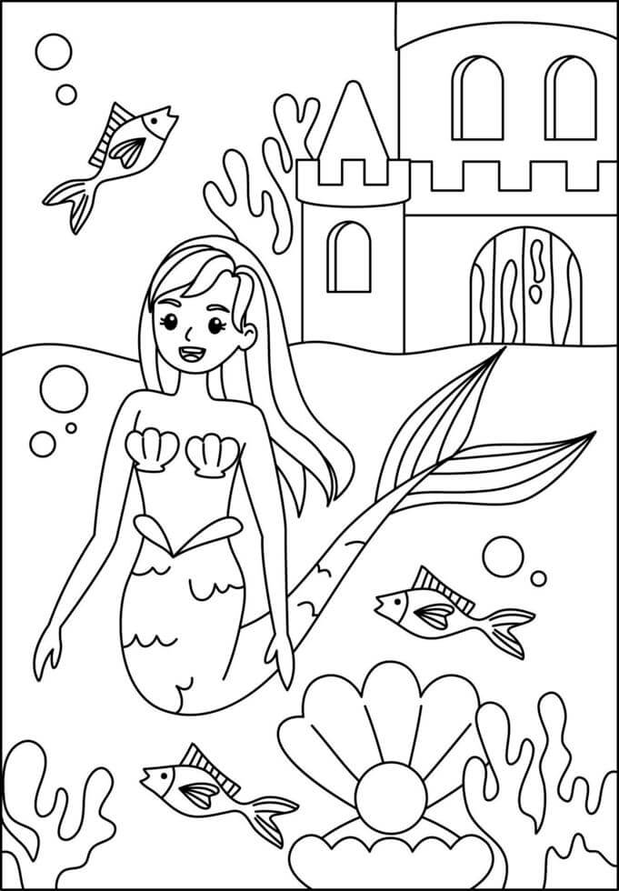 Desenhos de Sereia e três Peixes com Castelo para colorir
