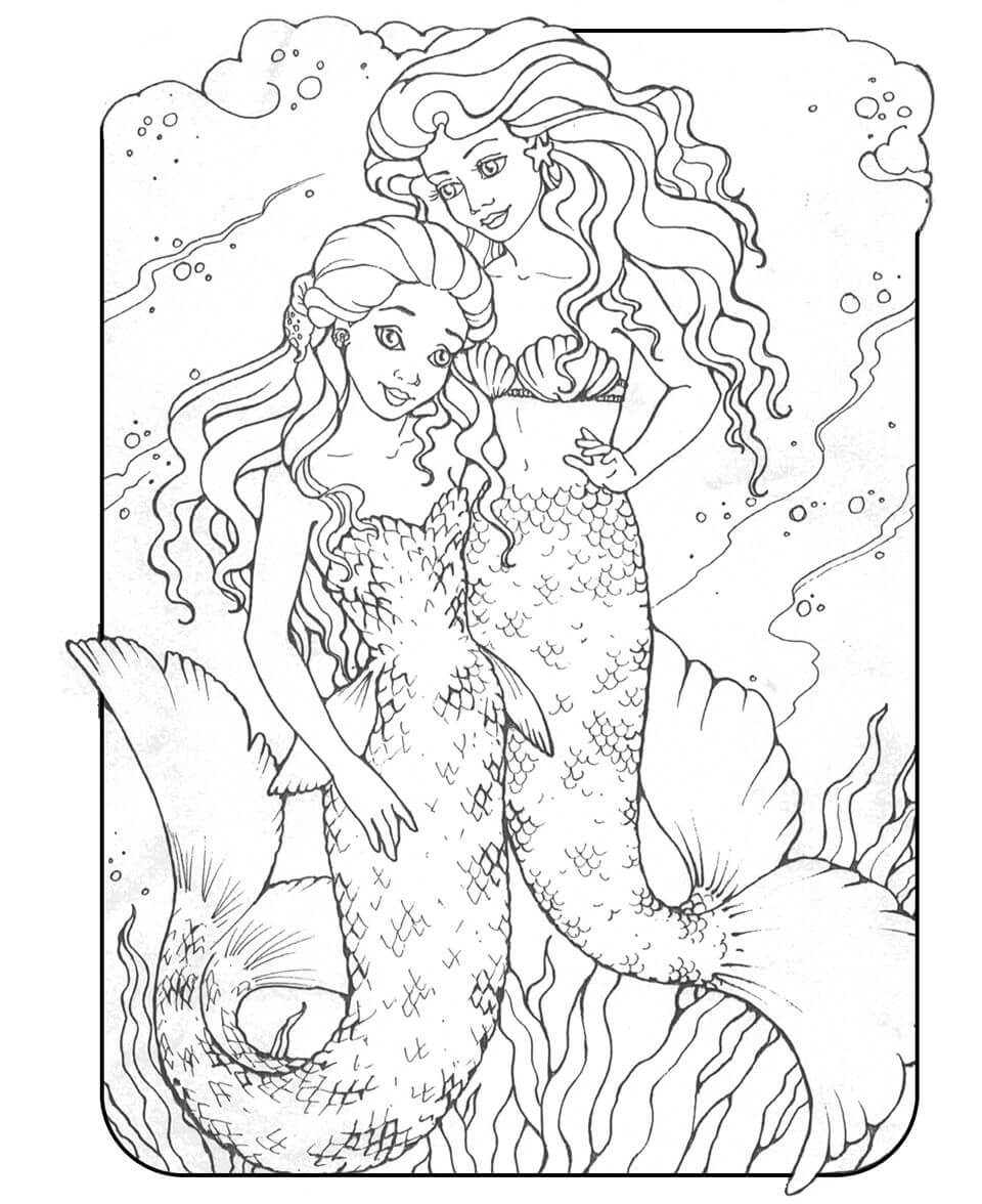 Desenhos de Sereia Mãe e Filha para colorir
