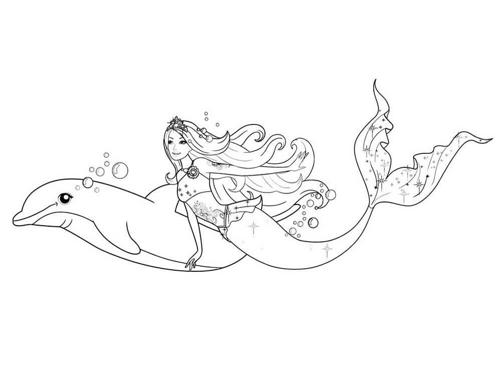 Desenhos de Sereia Nadando com Golfinho para colorir