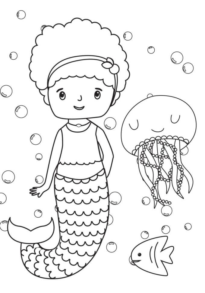 Sereia, Peixe e Medusa para colorir