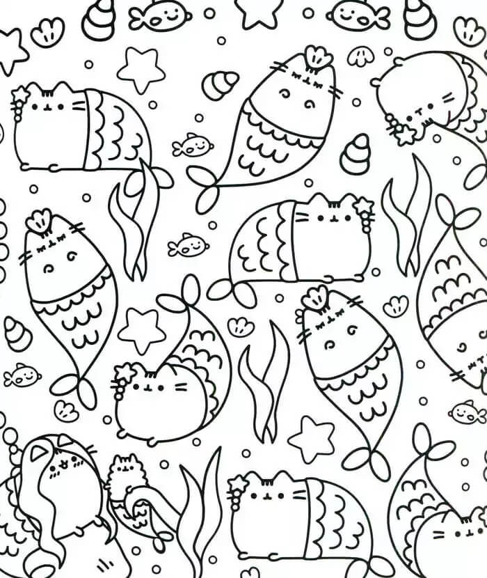 Desenhos de Sereia Pusheen Kawaii para colorir