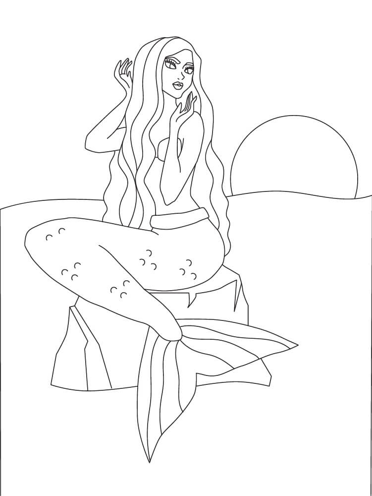 Desenhos de Sereia Sentada na Rocha para colorir