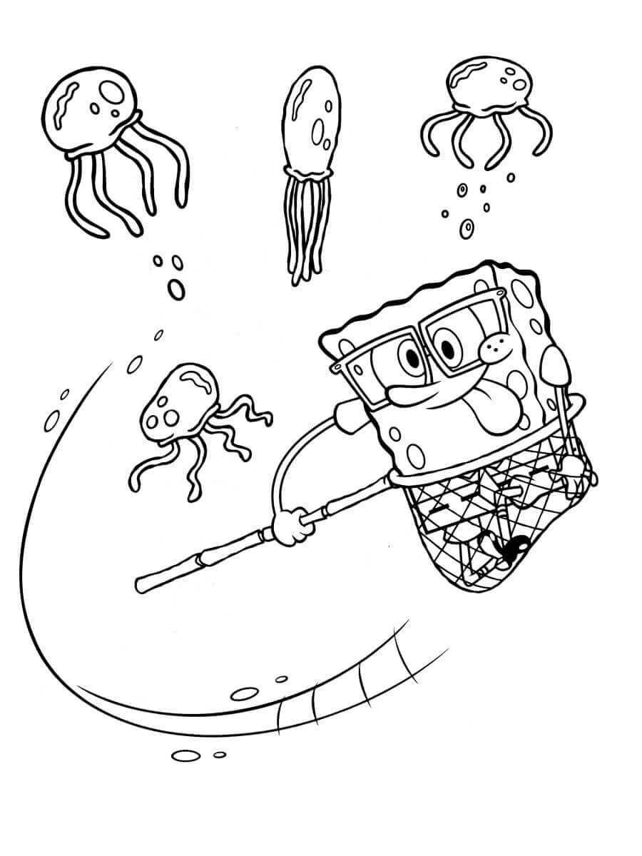 Desenhos de Spongebob pegando Água-Viva para colorir