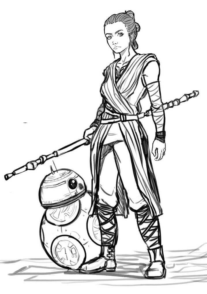 Desenhos de Star Wars Rey e BB-8 para colorir