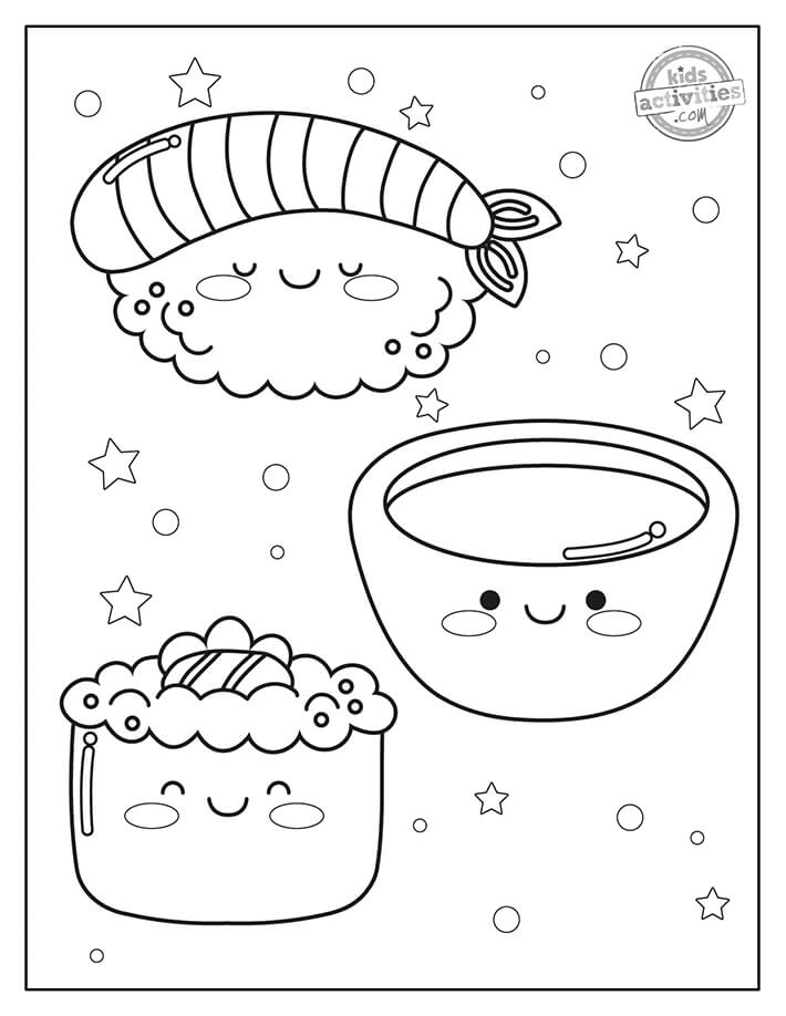 Três Alimentos Kawaii para colorir