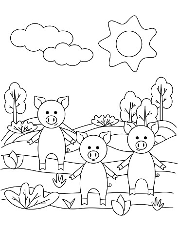 Desenhos de Três Porcos Kawaii para colorir