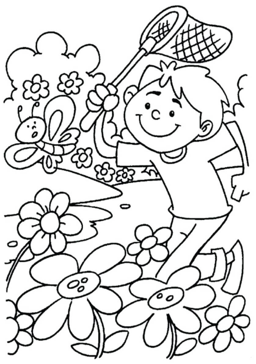 Uma Criança com uma Borboleta na Primavera para colorir