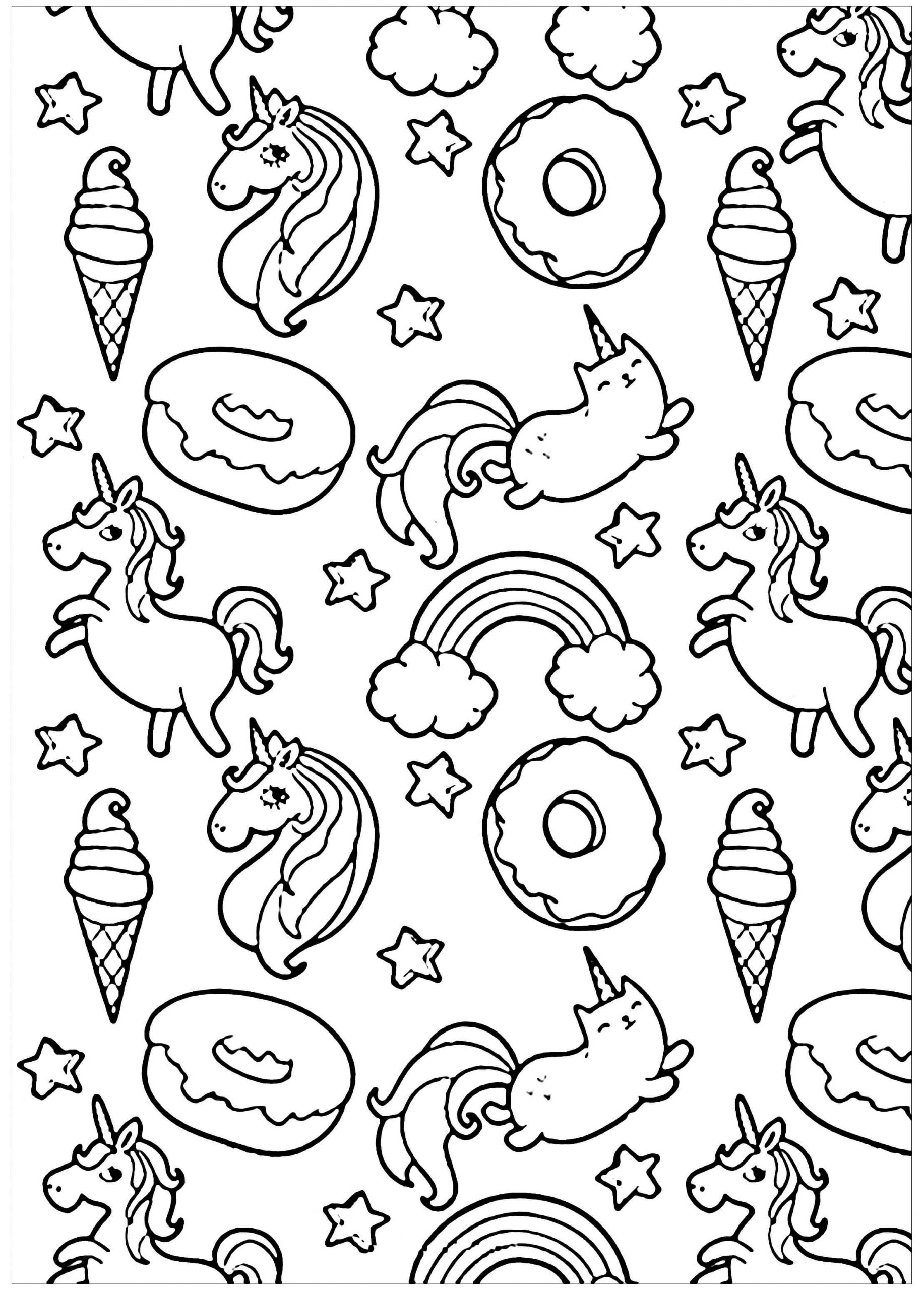 Desenhos de Unicórnio e Donut Kawaii para colorir