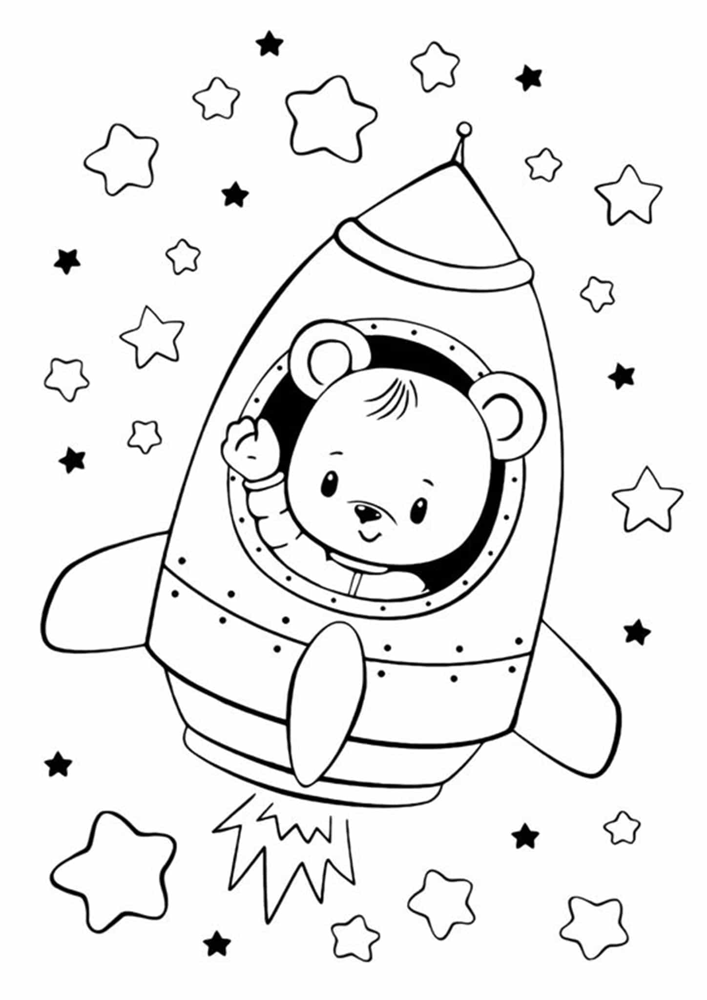 Urso Kawaii no Foguete para colorir