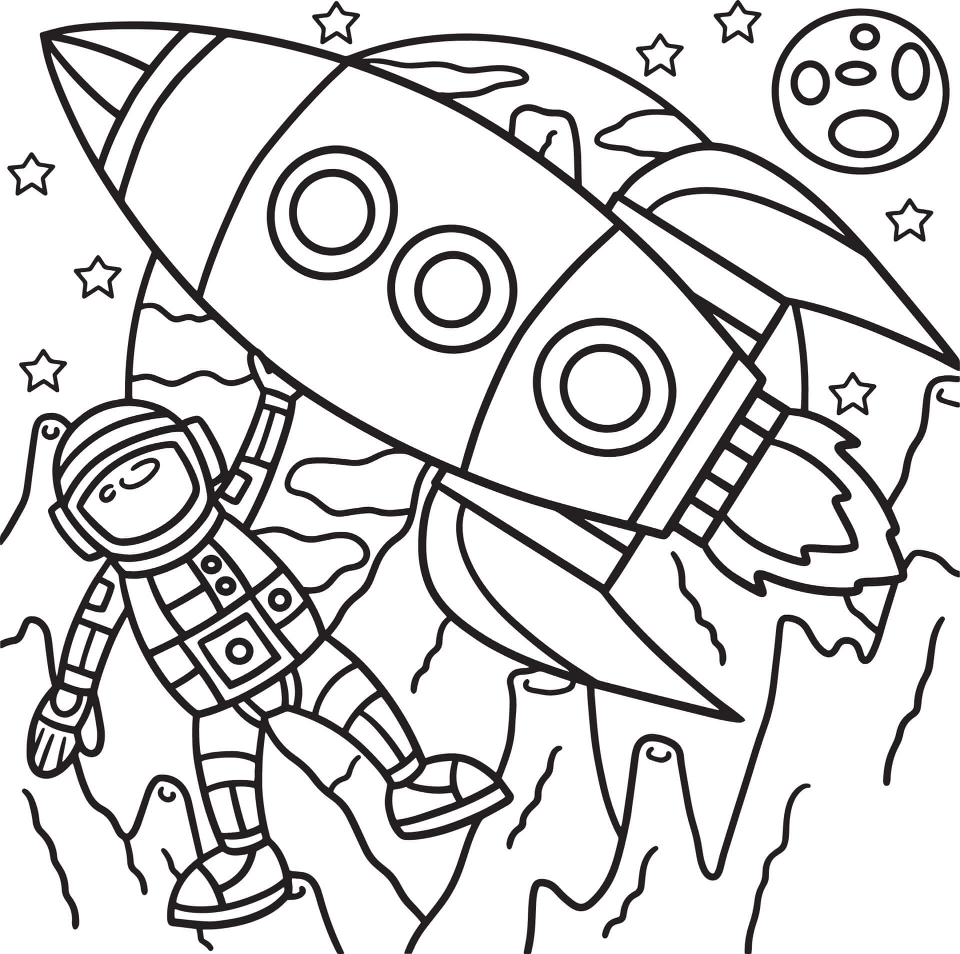 Desenhos de Astronauta com foguete espacial para colorir