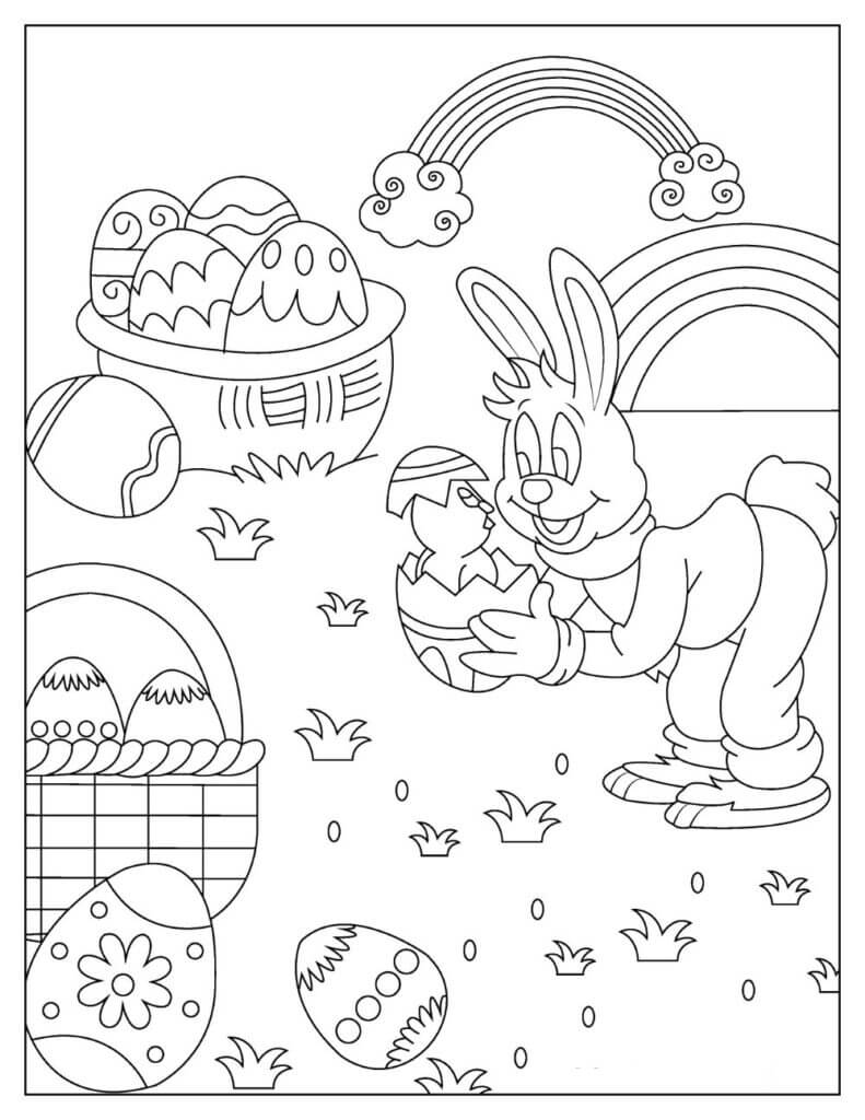 Desenhos de Coelho com Ovos e Arco-íris para colorir