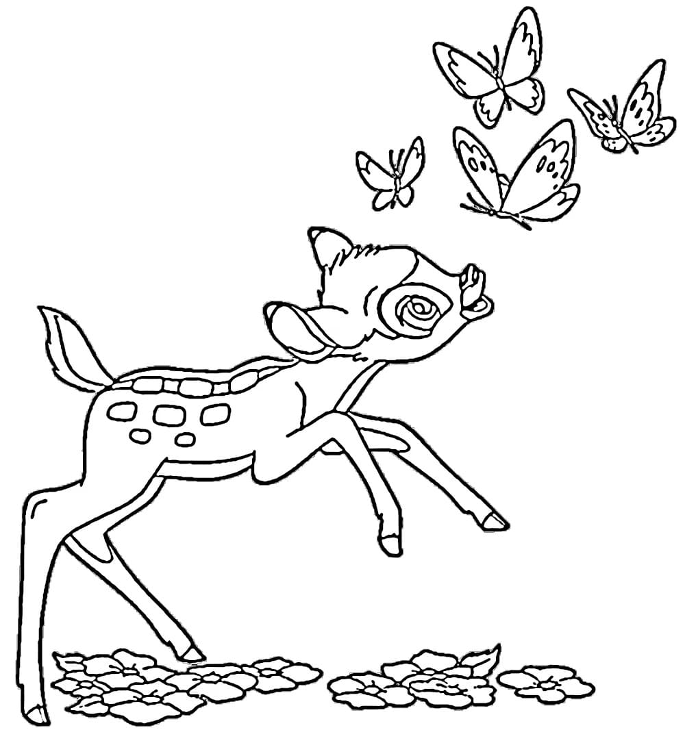 Desenhos de Desenhe Bambi e borboletas para colorir