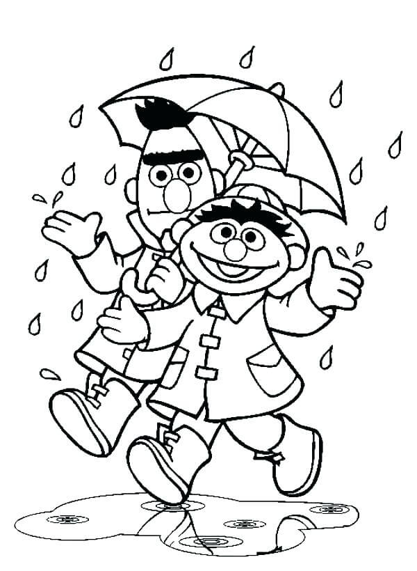 Desenho de dois Personagens Caminhando na Chuva para colorir