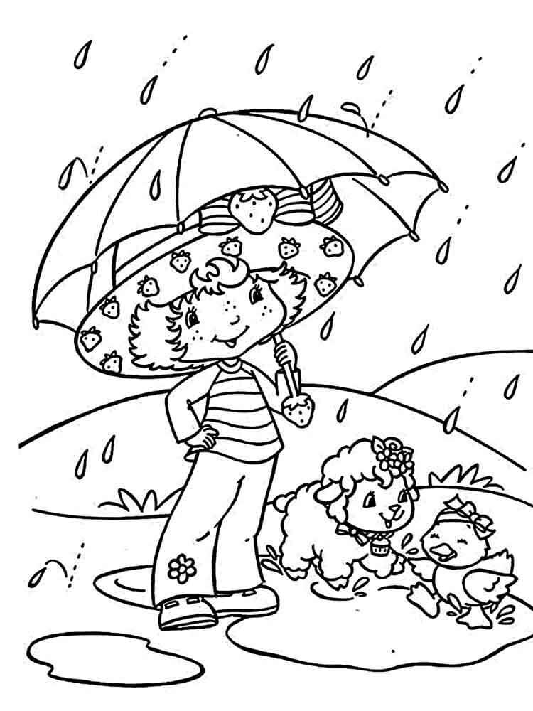 Desenhos de Diversão de Menina e dois Animais Parados na Chuva para colorir