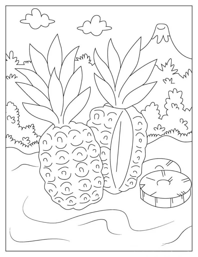 Desenhos de Dois Abacaxis e Abacaxis da Fatia para colorir