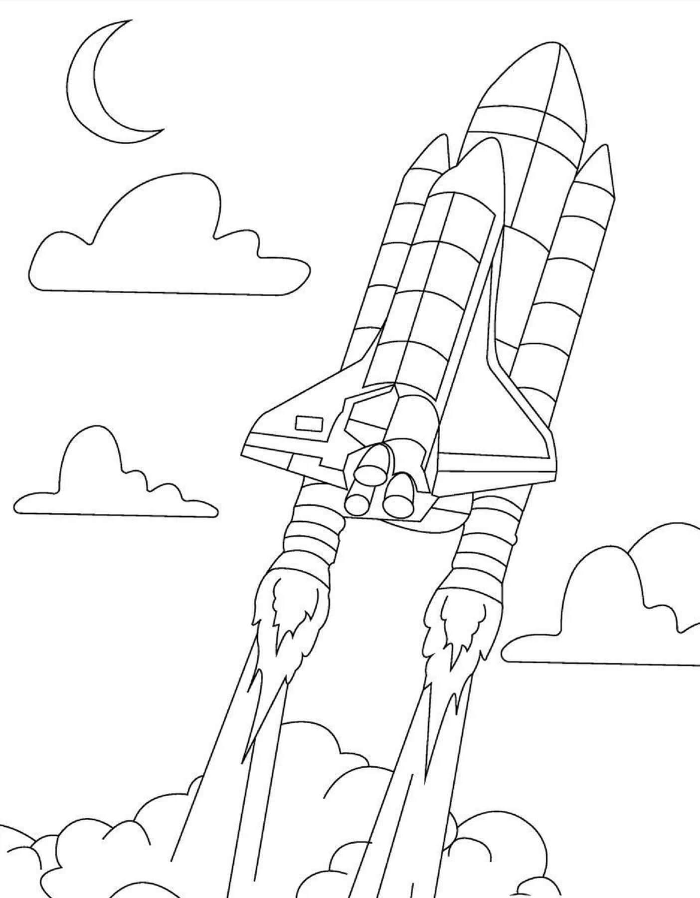 Desenhos de Foguete com nuvens e lua para colorir