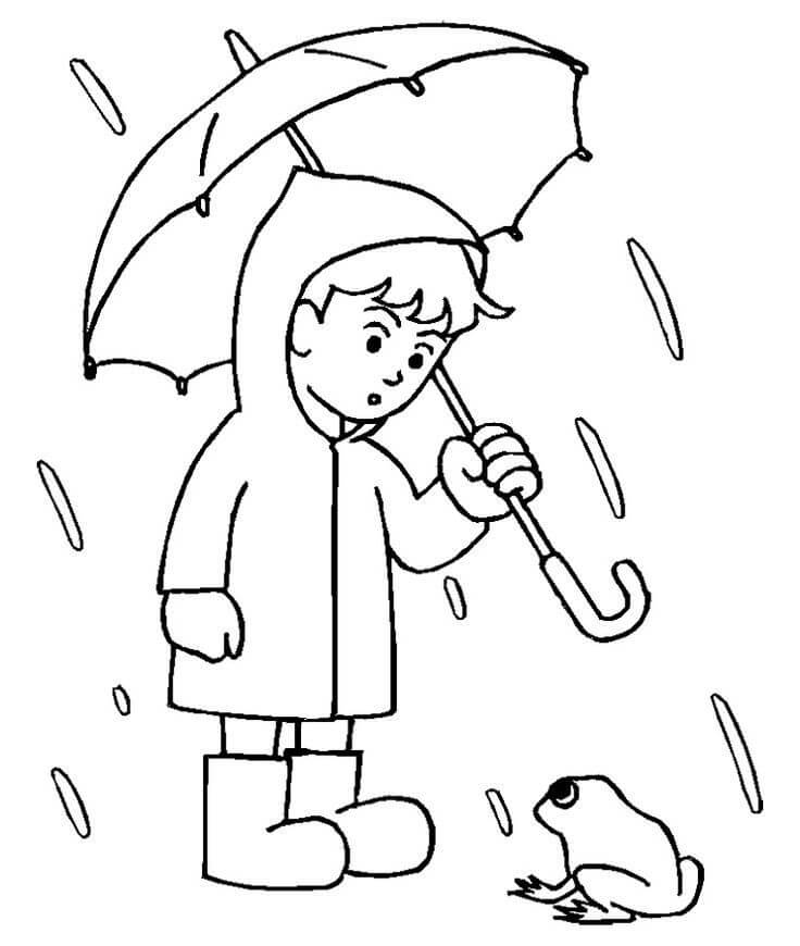 Desenhos de Garotinho e sapo na Chuva para colorir