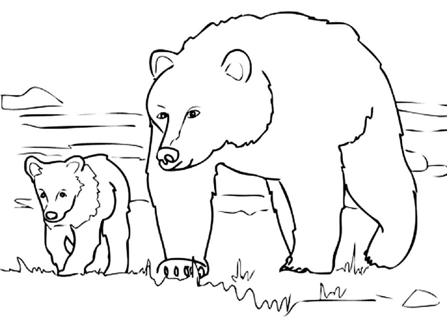 Mãe Ursa e bebê Urso Caminhando para colorir