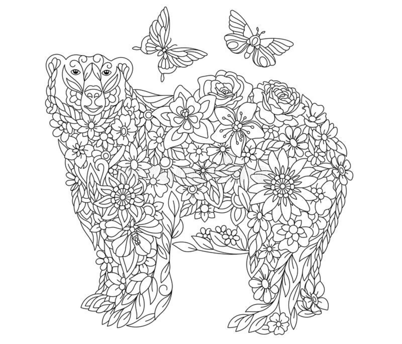 Mandala de Urso com Duas Borboletas para colorir