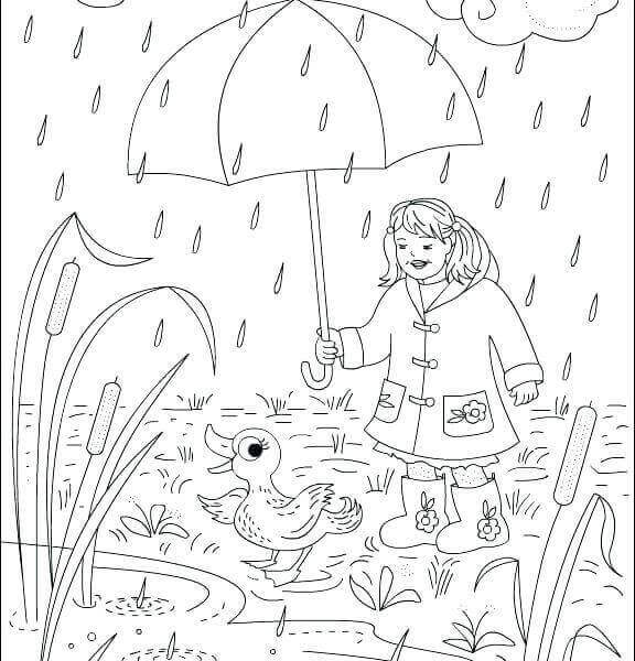 Desenhos de Menina e pato Parados na Chuva para colorir