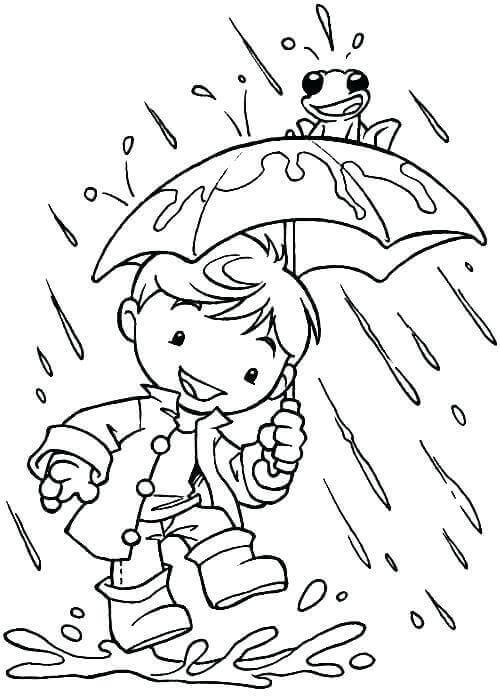 Menino e Sapo na Chuva para colorir