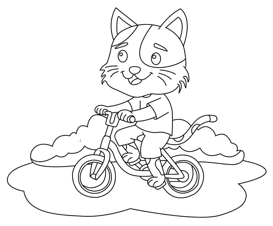 O gato está andando de bicicleta para colorir