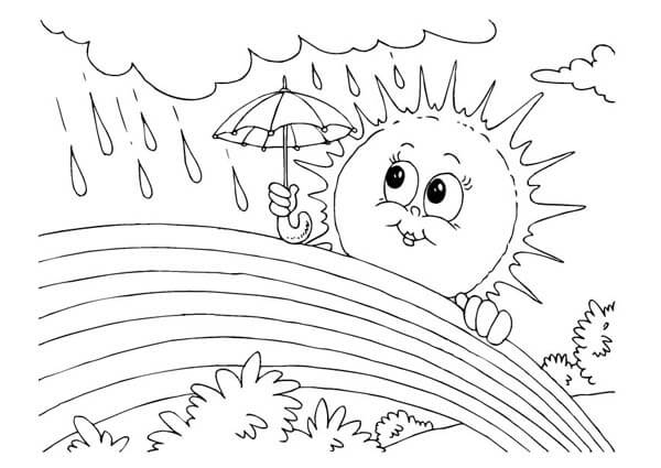 Desenhos de Sol Segurando Guarda-Chuva na Chuva para colorir