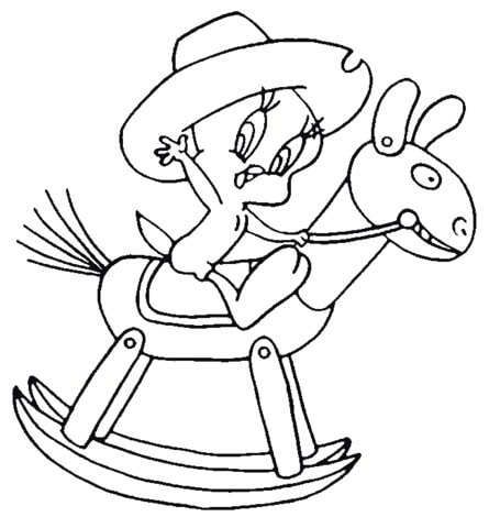 Desenhos de Tweety Brincando de Cavalo de Balanço de Madeira para colorir