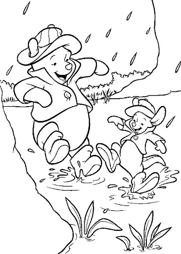 Desenhos de Ursinho Pooh e Piglet na Chuva para colorir