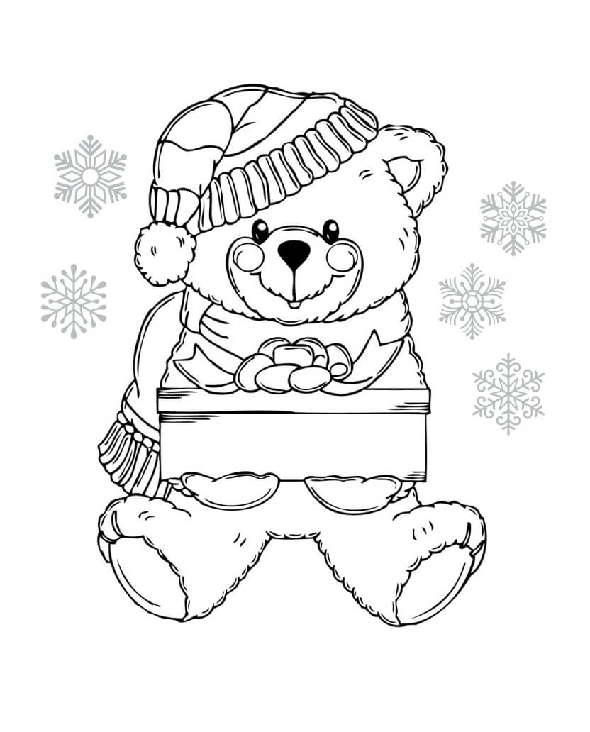 Desenhos de Urso de Natal com Flocos de Neve para colorir