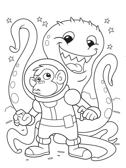 Desenhos de Alienígena Espacial e Macaco Astronauta para colorir