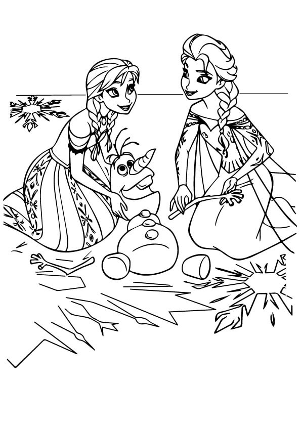 Anna e Elsa com Olaf para colorir