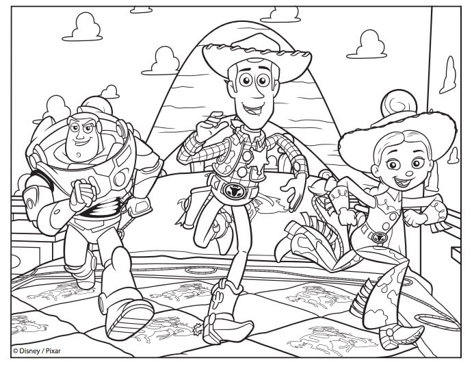 Desenhos de Buzz, Woody e Jessie para colorir