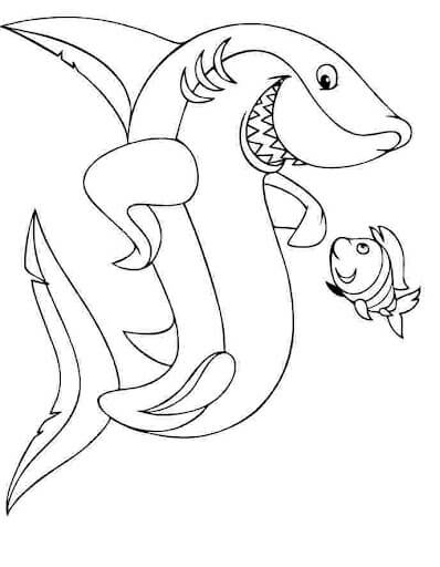 Caricatura de Tubarão e Peixe para colorir