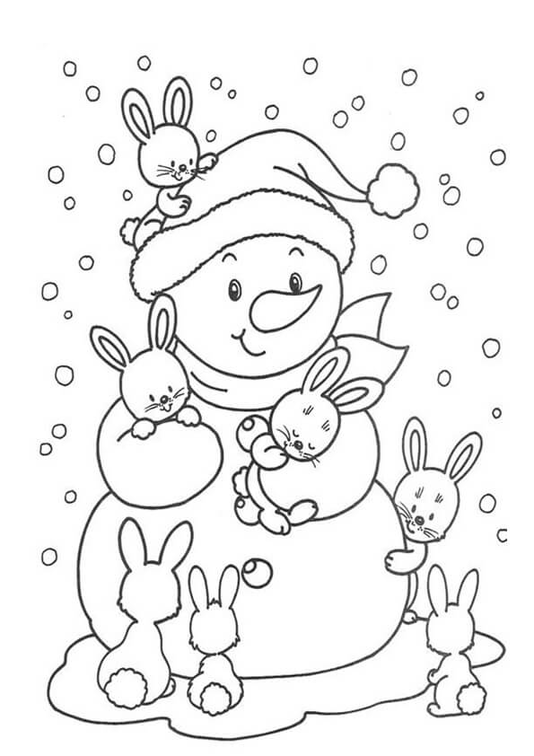 Desenhos de Coelho e Bola de Neve no Inverno para colorir