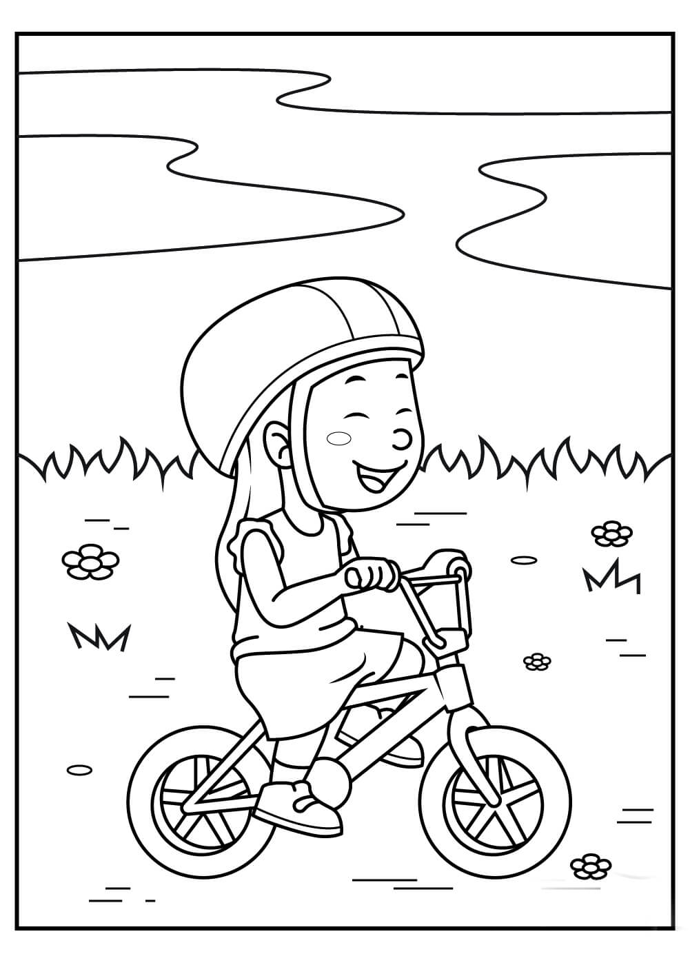 Criança Menina Andando de Bicicleta para colorir