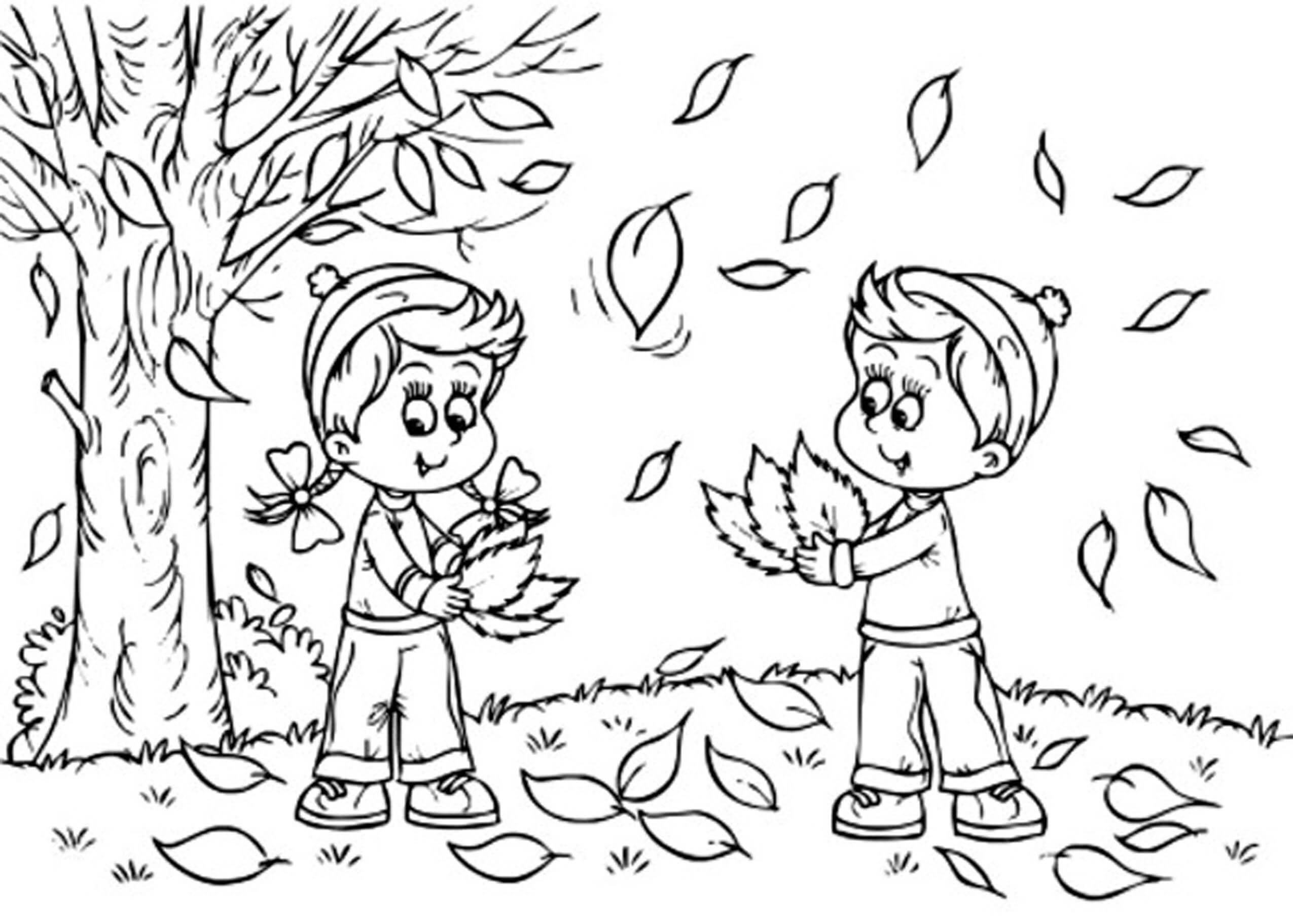 Desenhos de Duas Crianças Brincando com Folhas de Outono para colorir