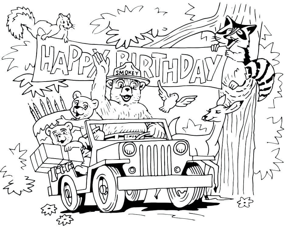 Feliz Aniversário Urso Smoky e Amigo para colorir