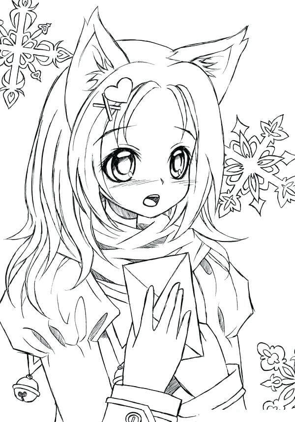 Desenhos de Garota lobo Kawaii para colorir