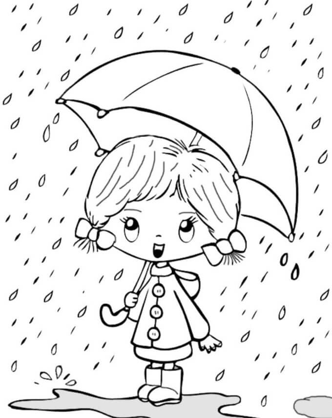 Garota segurando Guarda-chuva na Chuva para colorir