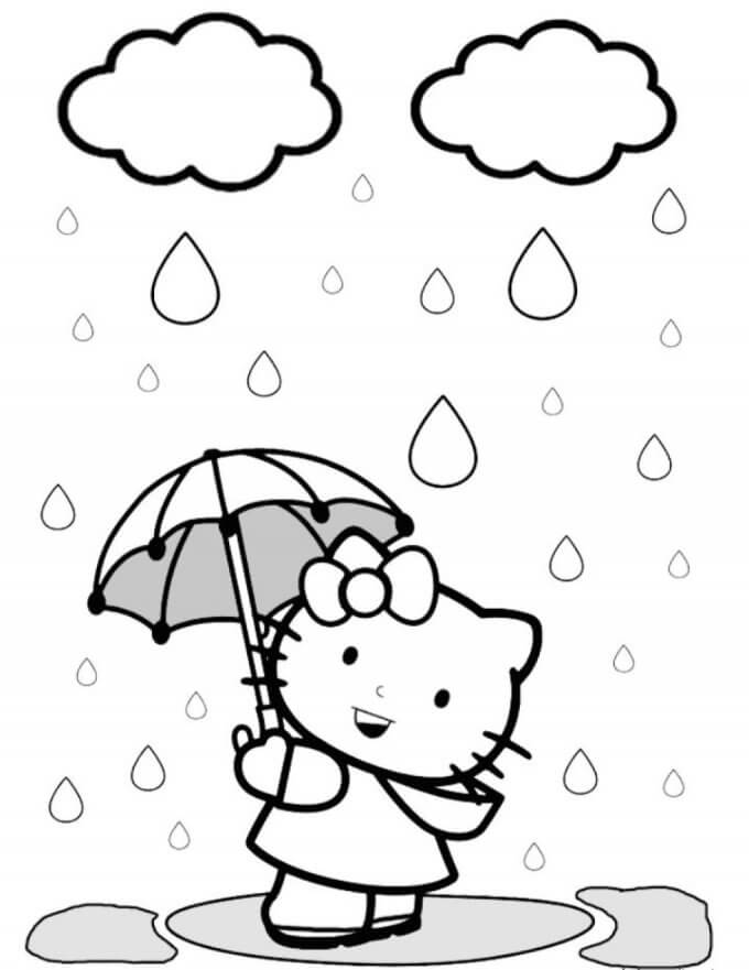 Desenhos de Hello Kitty segurando Guarda-chuva para colorir